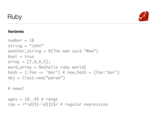 Ruby

Variáveis

number = 18
string = “John”
another_string = %(The man said “Wow”)
bool = true
array = [7,8,6,5];
word_array = %w{hello ruby world}
hash = {:foo => ‘bar’} # new_hash = {foo:‘bar’}
obj = Class.new(“param”)

# news!

ages = 18..45 # range
cep = /^d{5}-d{3}$/ # regular expression
 