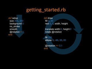 getting_started.rb
def setup
size 200, 200
background 0
no_stroke
smooth
@rotation = 0
end
def draw
fill 0, 20
rect 0, 0, width, height
translate width/2, height/2
rotate @rotation
fill 255
ellipse 0, -60, 20, 20
@rotation += 0.1
end
 