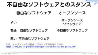 Rubyと仕事と自由なソフトウェア Powered by Rabbit 3.0.1
不自由なソフトウェアとのスタンス
普通
悪い
よい
自由なソフトウェア
不自由なソフトウェア
自由なソフトウェア
オープンソース
不自由なソフトウェア
オープンソース
ソフトウェア
なぜ、オープンソースは自由ソフトウェアの的を外すのか
https://www.gnu.org/philosophy/open-source-misses-the-point.html
 