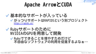 Rubyと仕事と自由なソフトウェア Powered by Rabbit 3.0.1
Apache ArrowとCUDA
基本的なサポートが入っている
がっつりサポートはRAPIDSという別プロジェクト
https://rapids.ai/
✓
✓
Rubyサポートのために
NVIDIAのGPUを用意して開発
Rubyでできることを増やすためだけど
不自由なソフトウェアの利用を促進するよなぁ…
✓
✓
 