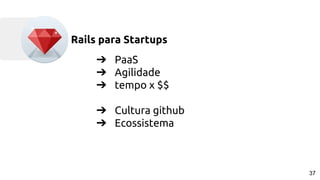 ➔ PaaS
➔ Agilidade
➔ tempo x $$
➔ Cultura github
➔ Ecossistema
Rails para Startups
37
 
