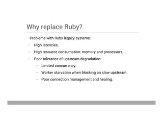 Why replace Ruby?
Problems with Ruby legacy systems:
•  High latencies.
•  High resource consumption: memory and processors.
•  Poor tolerance of upstream degradation:
–  Limited concurrency.
–  Worker starvation when blocking on slow upstream.
–  Poor connection management and healing.
May 15, 2013
 
