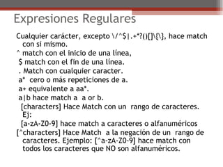 Expresiones Regulares
Cualquier carácter, excepto /^$|.+*?()[]{}, hace match
con si mismo.
^ match con el inicio de una línea,
$ match con el fin de una línea.
. Match con cualquier caracter.
a* cero o más repeticiones de a.
a+ equivalente a aa*.
a|b hace match a a or b.
[characters] Hace Match con un rango de caracteres.
Ej:
[a-zA-Z0-9] hace match a caracteres o alfanuméricos
[^characters] Hace Match a la negación de un rango de
caracteres. Ejemplo: [^a-zA-Z0-9] hace match con
todos los caracteres que NO son alfanuméricos.
 