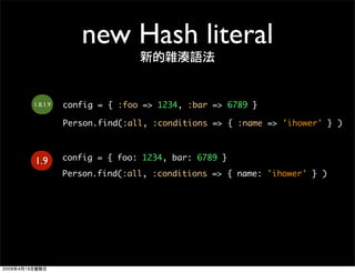 new Hash literal

          config = { :foo => 1234, :bar => 6789 }
1.8,1.9


          Person.find(:all, :conditions => {...