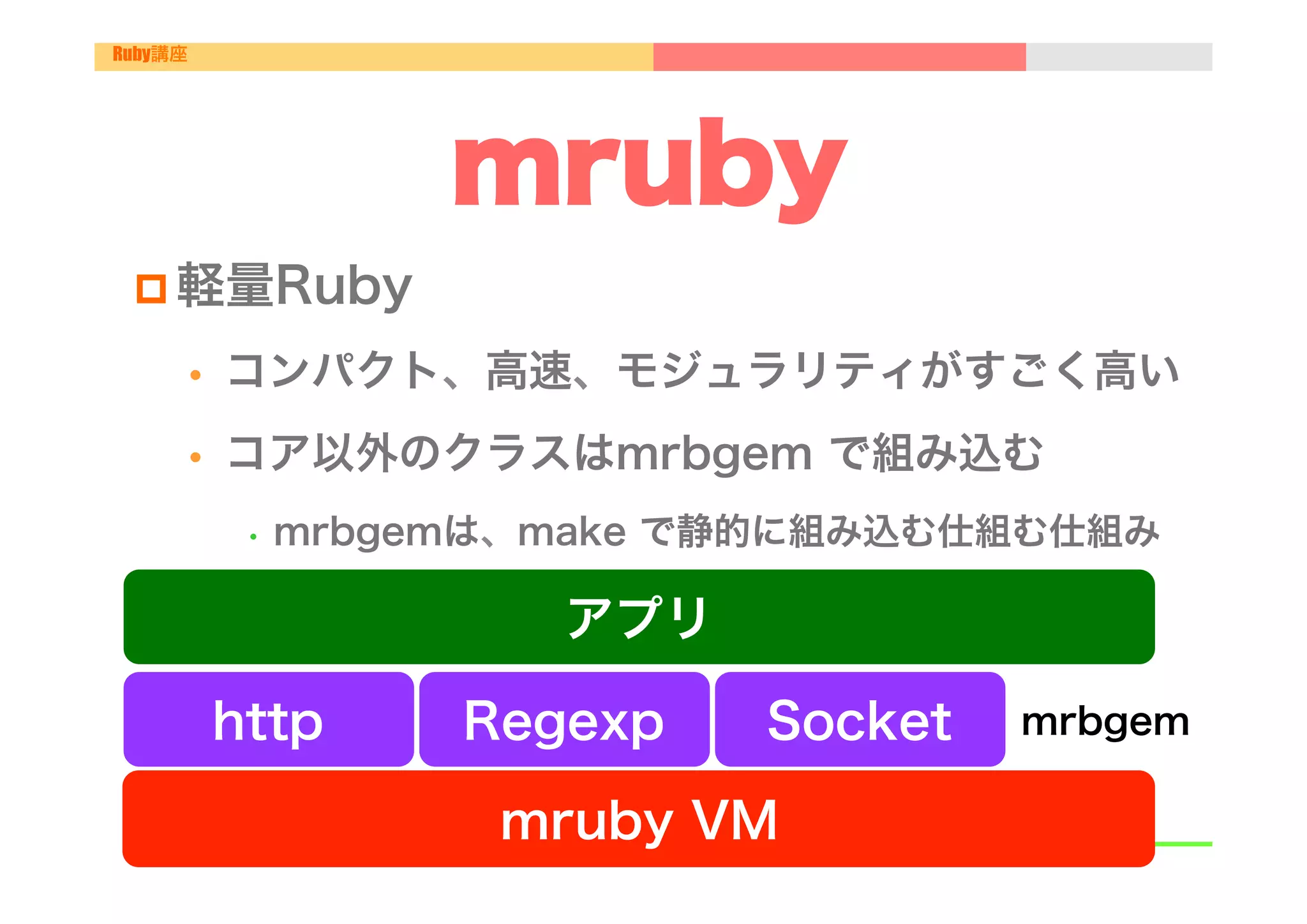 Ruby講座




                       mruby
 p 軽量Ruby

         •    コンパクト、高速、モジュラリティがすごく高い
         •    コア以外のクラスはmrbgem で組み込む
               •  mrbgemは、make   で静的に組み込む仕組む仕組み

                           アプリ

              http     Regexp       Socket   mrbgem

                         mruby VM
 