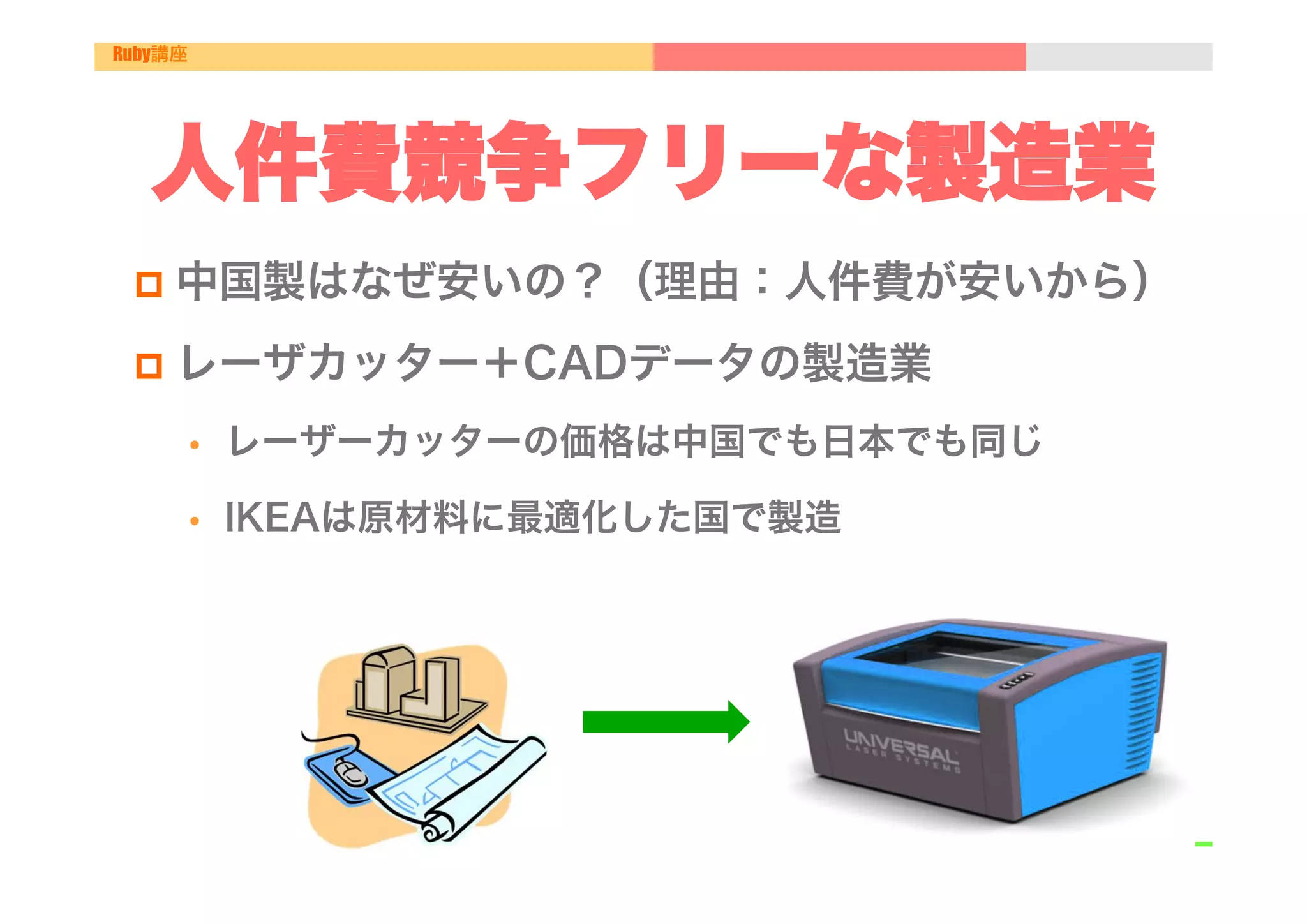 Ruby講座




   人件費競争フリーな製造業
 p  中国製はなぜ安いの？（理由：人件費が安いから）

 p  レーザカッター＋CADデータの製造業

         •    レーザーカッターの価格は中国でも日本でも同じ

         •    IKEAは原材料に最適化した国で製造
 
