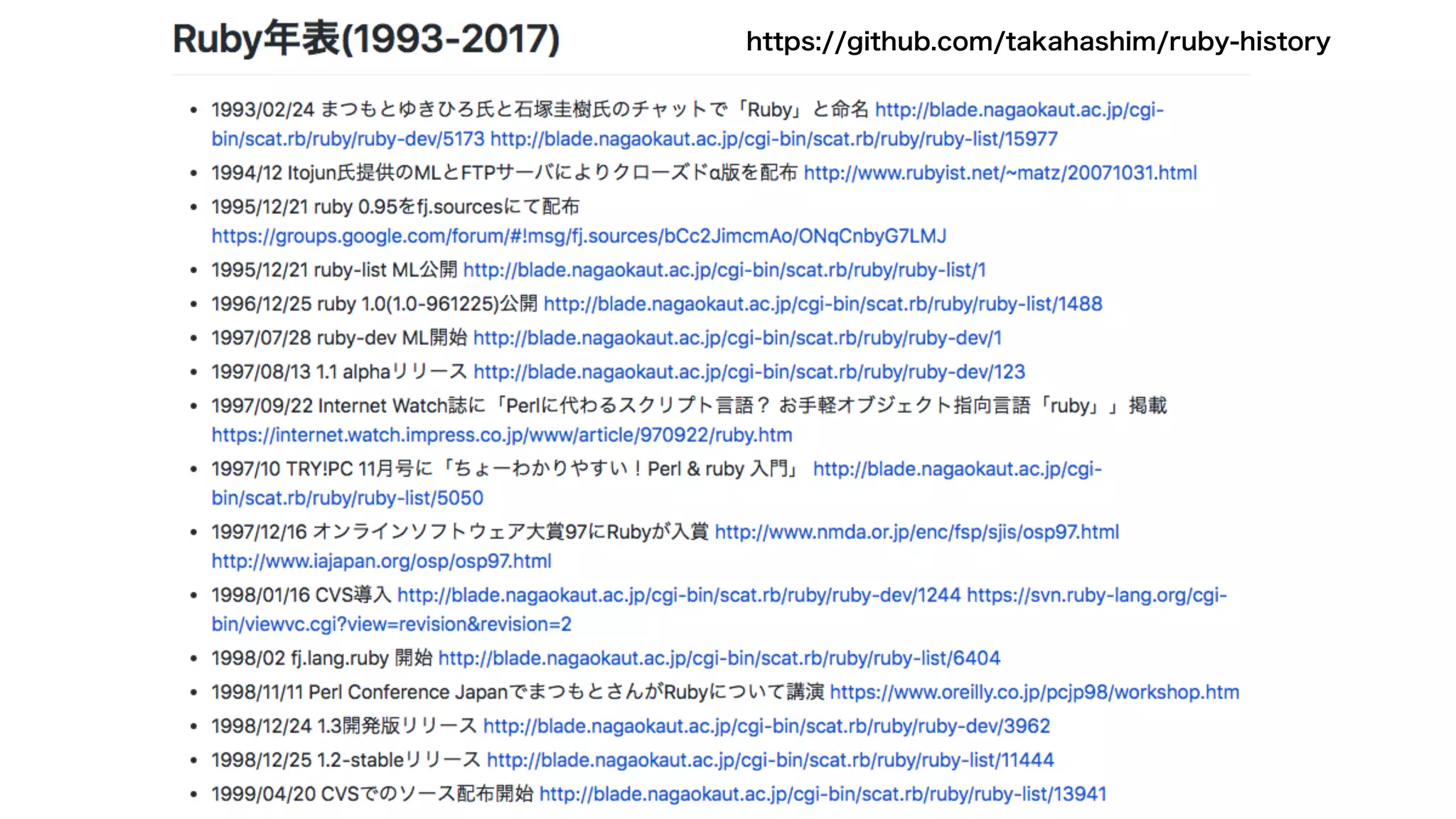 https://github.com/takahashim/ruby-history
 