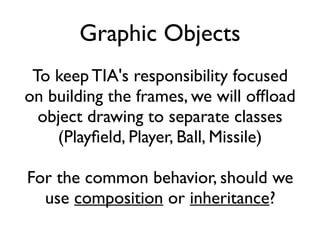 Graphic Objects
To keep TIA's responsibility focused
on building the frames, we will offload
object drawing to separate classes
(Playfeld, Player, Ball, Missile)
For the common behavior, should we
use composition or inheritance?
 
