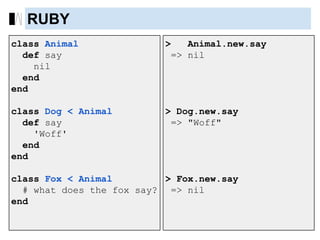 class Animal
def say
nil
end
end
class Dog < Animal
def say
'Woff'
end
end
class Fox < Animal
# what does the fox say?
end
> Animal.new.say
=> nil
> Dog.new.say
=> "Woff"
> Fox.new.say
=> nil
RUBY
 