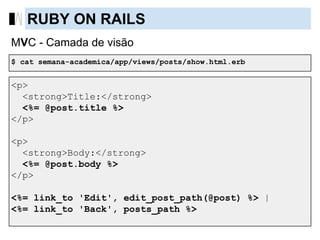 MVC - Camada de visão
<p>
<strong>Title:</strong>
<%= @post.title %>
</p>
<p>
<strong>Body:</strong>
<%= @post.body %>
</p>
<%= link_to 'Edit', edit_post_path(@post) %> |
<%= link_to 'Back', posts_path %>
$ cat semana-academica/app/views/posts/show.html.erb
RUBY ON RAILS
 