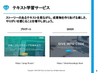 4Copyright © 2015-2017 Dive into Code Corp. All Rights Reserved.
テキスト学習サービス
ストーリーのあるテキストを見ながら、成果物を作りあげる楽しさ、
やりがいを感じることを増やしましょう。
プロゲート DIVER
https://prog-8.com/ https://diveintocode.jp/diver
 