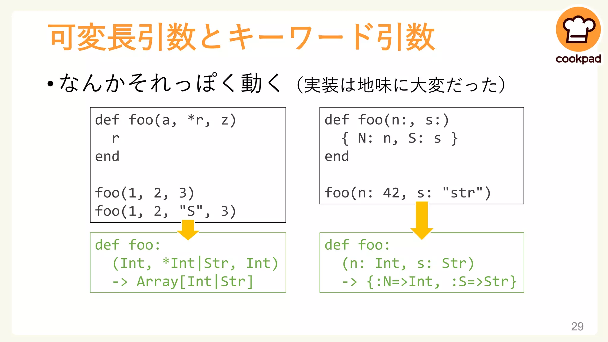 可変長引数とキーワード引数
• なんかそれっぽく動く（実装は地味に大変だった）
29
def foo(a, *r, z)
r
end
foo(1, 2, 3)
foo(1, 2, "S", 3)
def foo:
(Int, *Int|Str, Int)
-> Array[Int|Str]
def foo(n:, s:)
{ N: n, S: s }
end
foo(n: 42, s: "str")
def foo:
(n: Int, s: Str)
-> {:N=>Int, :S=>Str}
 