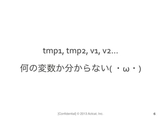 [Conﬁdential] © 2013 Actcat, Inc.
tmp1,	
  tmp2,	
  v1,	
  v2…	
  
何の変数か分からない(	
  ・ω・)	
  
6
 