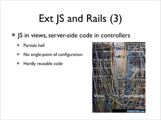 Ext JS and Rails (3)
✴ JS in views, server-side code in controllers
  ✴ Partials hell

  ✴ No single-point of conﬁguration

  ✴ Hardly reusable code




                                      Views   Controllers
 