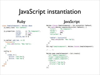 JavaScript instantiation
Ruby             JavaScript
 