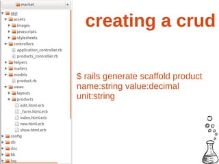 creating a crud

$ rails generate scaffold product
name:string value:decimal
unit:string
 