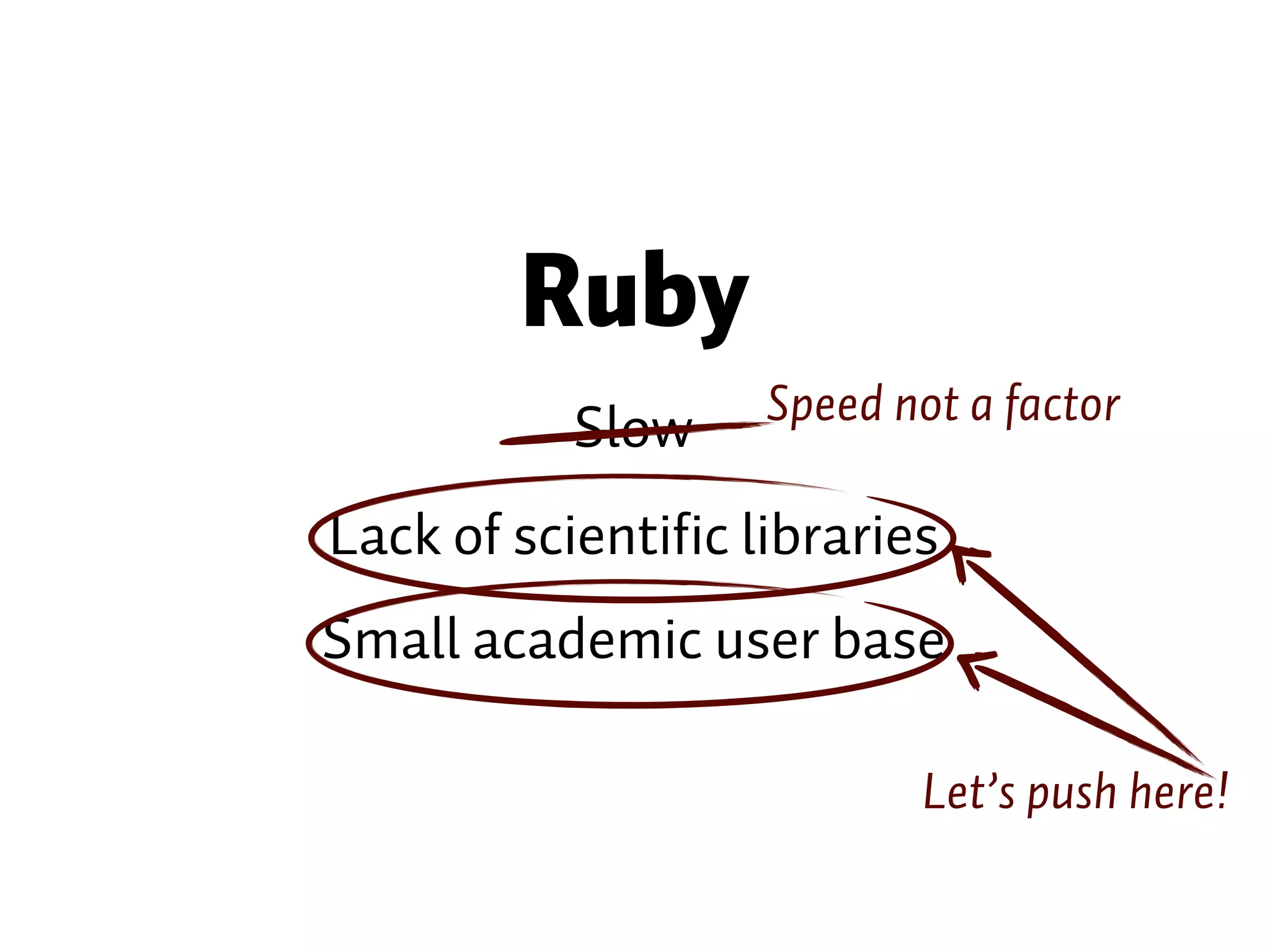 Ruby Slow Lack of scientific libraries Small academic user base Speed not a factor Let’s push here! 