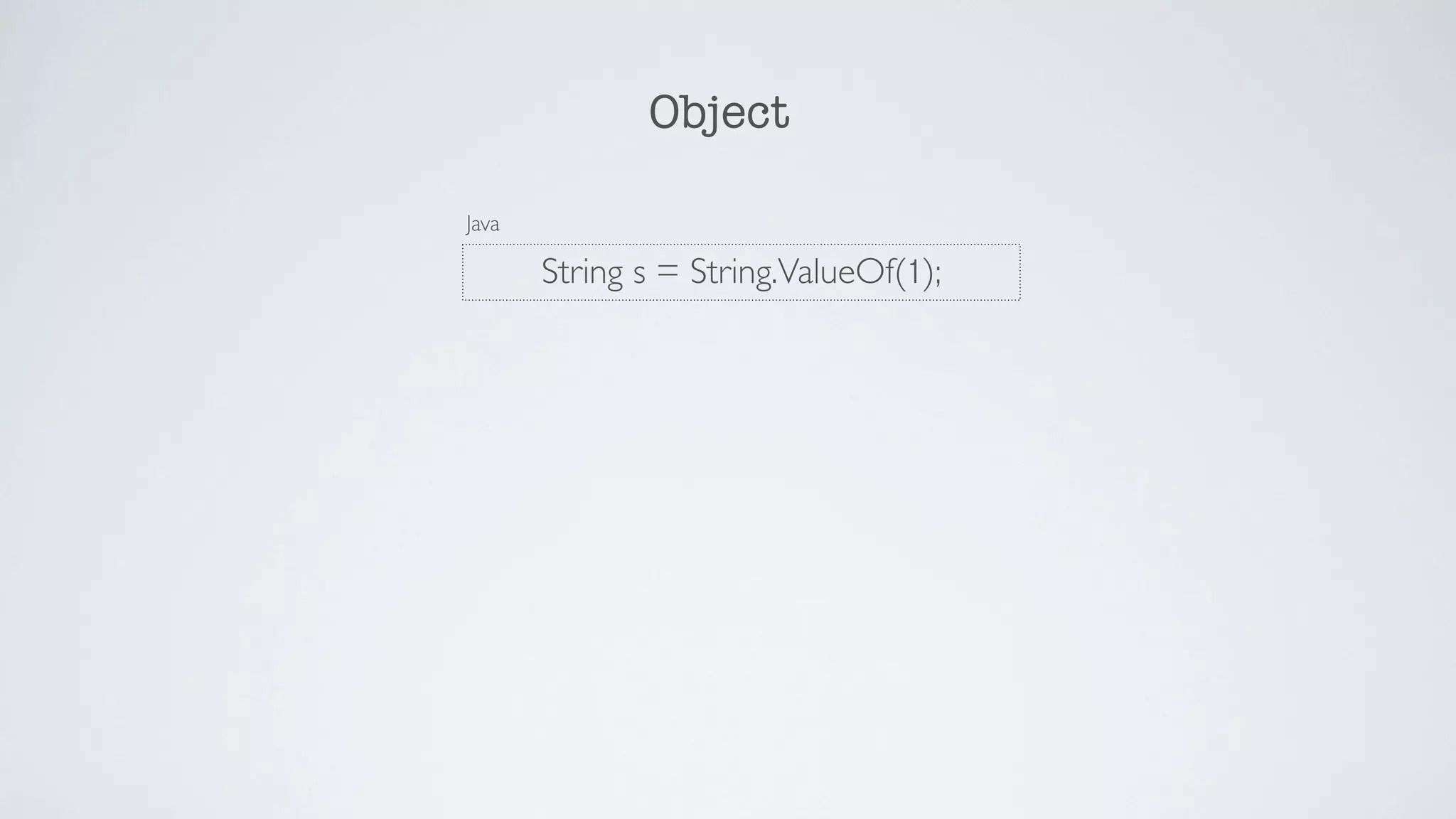Object

Java

       String s = String.ValueOf(1);
 