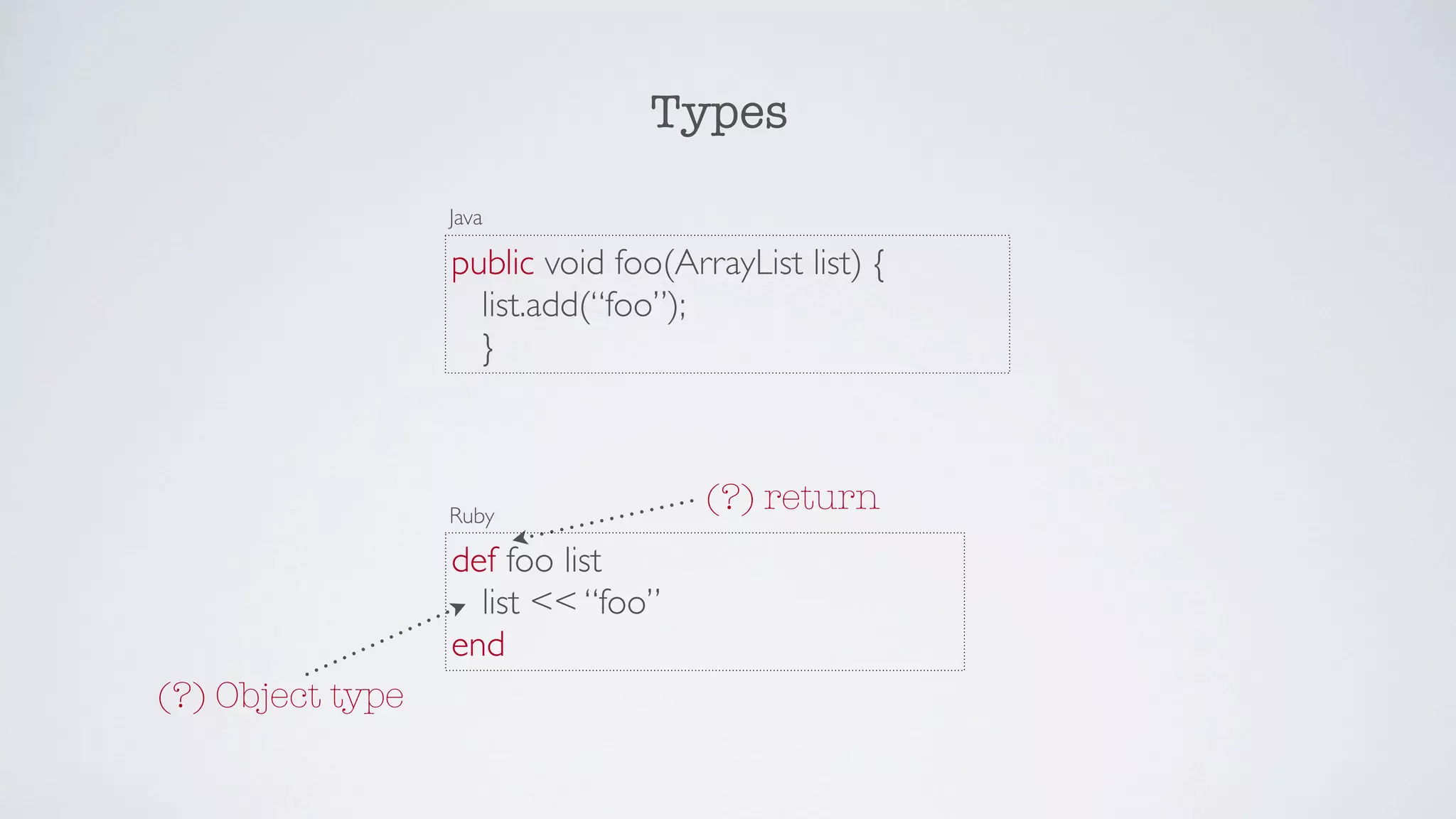 Types

                  Java

                  public void foo(ArrayList list) {
                    list.add(“foo”);
                    }



                  Ruby
                                     (?) return
                  def foo list
                    list << “foo”
                  end
(?) Object type
 