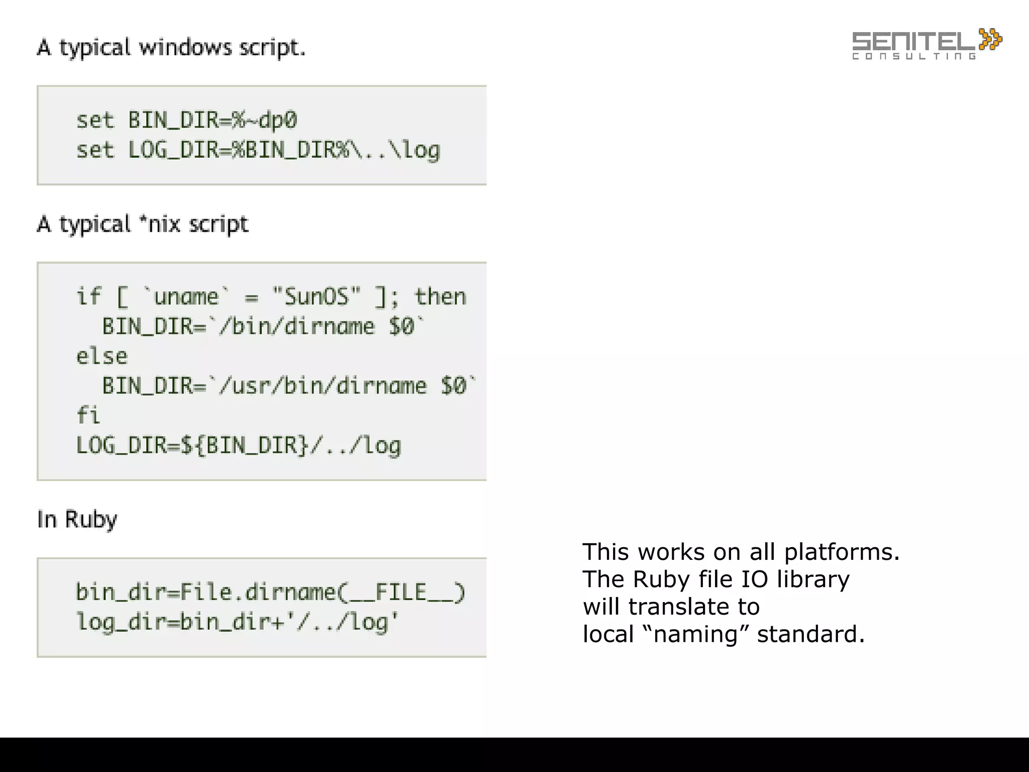 Why Ruby and Rails (and friends)? Talk to command line Run from command line Integrate with multiple data sources (MySQL, MSSQL, Oracle) Wide choice of communication protocols Wide range of add-ins/tools Short development cycles Easy to deploy 