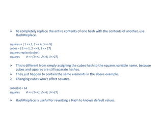 Ruby's Arrays and Hashes with examples