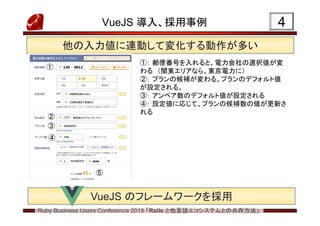 Ruby Business Users Conference 2018 「Rails と他言語エコシステムとの共存方法」
VueJS 導入、採用事例 4
他の入力値に連動して変化する動作が多い
①： 郵便番号を入れると、電力会社の選択値が変
わる （関東エリアなら、東京電力に）
②： プランの候補が変わる。プランのデフォルト値
が設定される。
③： アンペア数のデフォルト値が設定される
④： 設定値に応じて、プランの候補数の値が更新さ
れる
①
②
③
④
⑤
VueJS のフレームワークを採用
 