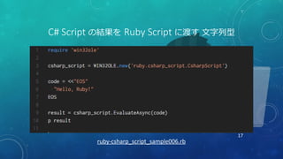 17
C# Script の結果を Ruby Script に渡す 文字列型
ruby-csharp_script_sample006.rb
 