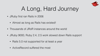 A Long, Hard Journey
• JRuby ﬁrst ran Rails in 2006
• Almost as long as Rails has existed!
• Thousands of JRoR instances around the world
• JRuby 9000, Ruby 2.4, 2.5 work slowed down Rails support
• Rails 5.0 not supported for at least a year
• ActiveRecord suffered the most
 