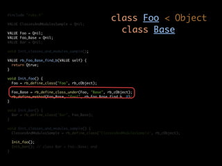 class Foo < Object
#include "ruby.h"

VALUE ClassesAndModulesSample = Qnil;

VALUE Foo = Qnil;
                                                     class Base
VALUE Foo_Base = Qnil;
VALUE Bar = Qnil;

void Init_classes_and_modules_sample();

VALUE rb_Foo_Base_find_b(VALUE self) {
  return Qtrue;
}

void Init_foo() {
  Foo = rb_define_class("Foo", rb_cObject);

    Foo_Base = rb_define_class_under(Foo, "Base", rb_cObject);
    rb_define_method(Foo_Base, "foo!", rb_Foo_Base_find_b, 0);
}

void Init_bar() {
  Bar = rb_define_class("Bar", Foo_Base);
}

void Init_classes_and_modules_sample() {
  ClassesAndModulesSample = rb_define_class("ClassesAndModulesSample", rb_cObject);

    Init_foo();
    Init_bar(); // class Bar < Foo::Base; end
}
 