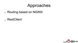 ● Routing based on NGINX
● RestClient
Approaches
 