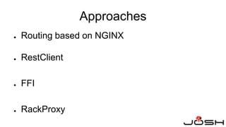 ● Routing based on NGINX
● RestClient
● FFI
● RackProxy
Approaches
 