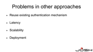 Problems in other approaches
● Reuse existing authentication mechanism
● Latency
● Scalability
● Deployment
 