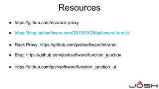 Resources
● https://github.com/ncr/rack-proxy
● https://blog.joshsoftware.com/2019/03/28/golang-with-rails/
● Rack Proxy: https://github.com/joshsoftware/intranet
● Blog: https://github.com/joshsoftware/function_junction
● https://github.com/joshsoftware/function_junction_ui
 