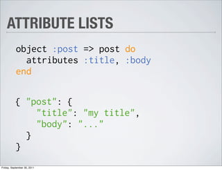 ATTRIBUTE LISTS
           object :post => post do
             attributes :title, :body
           end

           { "post": {
               "title": "my title",
               "body": "..."
             }
           }
Friday, September 30, 2011
 