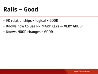 • FK relationships - logical - GOOD
• Knows how to use PRIMARY KEYs — VERY GOOD!
• Knows NOOP changes - GOOD
Rails - Good
 