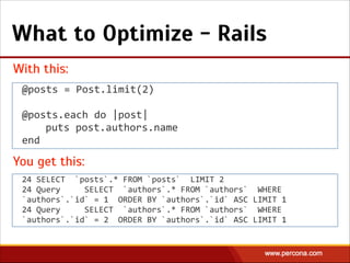 What to Optimize - Rails
@posts  =  Post.limit(2)  
!
@posts.each  do  |post|  
   puts  post.authors.name  
end
24  SELECT    `posts`.*  FROM  `posts`    LIMIT  2  
24  Query          SELECT    `authors`.*  FROM  `authors`    WHERE  
`authors`.`id`  =  1    ORDER  BY  `authors`.`id`  ASC  LIMIT  1  
24  Query          SELECT    `authors`.*  FROM  `authors`    WHERE  
`authors`.`id`  =  2    ORDER  BY  `authors`.`id`  ASC  LIMIT  1
With this:
You get this:
 