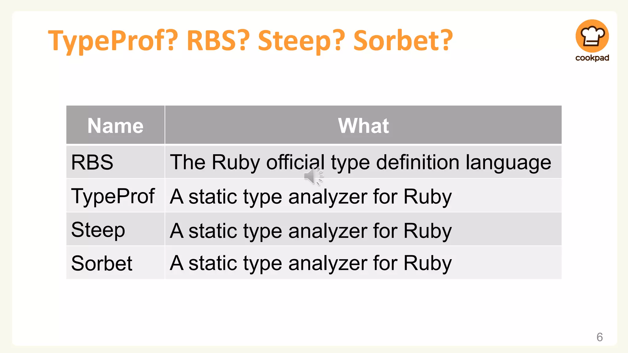 TypeProf? RBS? Steep? Sorbet? 6 Name What RBS TypeProf Steep Sorbet The Ruby official type definition language A static type analyzer for Ruby A static type analyzer for Ruby A static type analyzer for Ruby 