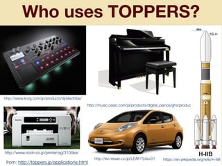 Who uses TOPPERS?
http://ev.nissan.co.jp/LEAF/?pfa=01
http://www.ricoh.co.jp/printer/sg/3100ke/
http://www.korg.com/jp/products/dj/electribe/
http://music.casio.com/ja/products/digital_pianos/ghs/products/
https://en.wikipedia.org/wiki/H-IIB
from: http://toppers.jp/applications.html
 