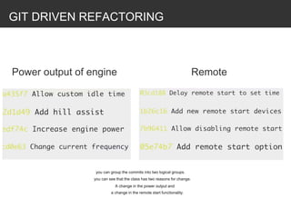 GIT DRIVEN REFACTORING
Power output of engine Remote
you can group the commits into two logical groups.
you can see that the class has two reasons for change.
A change in the power output and
a change in the remote start functionality.
 