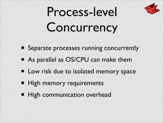 Process-level
Concurrency
• Separate processes running concurrently	

• As parallel as OS/CPU can make them	

• Low risk due to isolated memory space	

• High memory requirements	

• High communication overhead
 