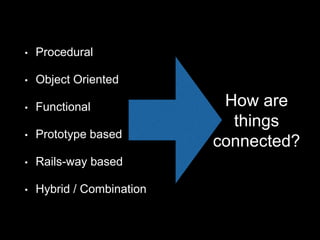 • Procedural
• Object Oriented
• Functional
• Prototype based
• Rails-way based
• Hybrid / Combination
How are
things
connected?
 