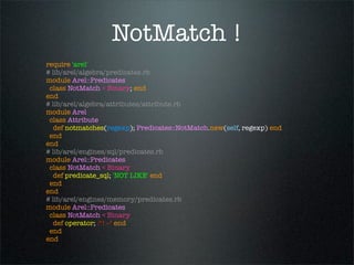 NotMatch !
require 'arel'
# lib/arel/algebra/predicates.rb
module Arel::Predicates
 class NotMatch < Binary; end
end
# lib/arel/algebra/attributes/attribute.rb
module Arel
 class Attribute
  def notmatches(regexp); Predicates::NotMatch.new(self, regexp) end
 end
end
# lib/arel/engines/sql/predicates.rb
module Arel::Predicates
 class NotMatch < Binary
  def predicate_sql; 'NOT LIKE' end
 end
end
# lib/arel/engines/memory/predicates.rb
module Arel::Predicates
 class NotMatch < Binary
  def operator; :"!~" end
 end
end
 