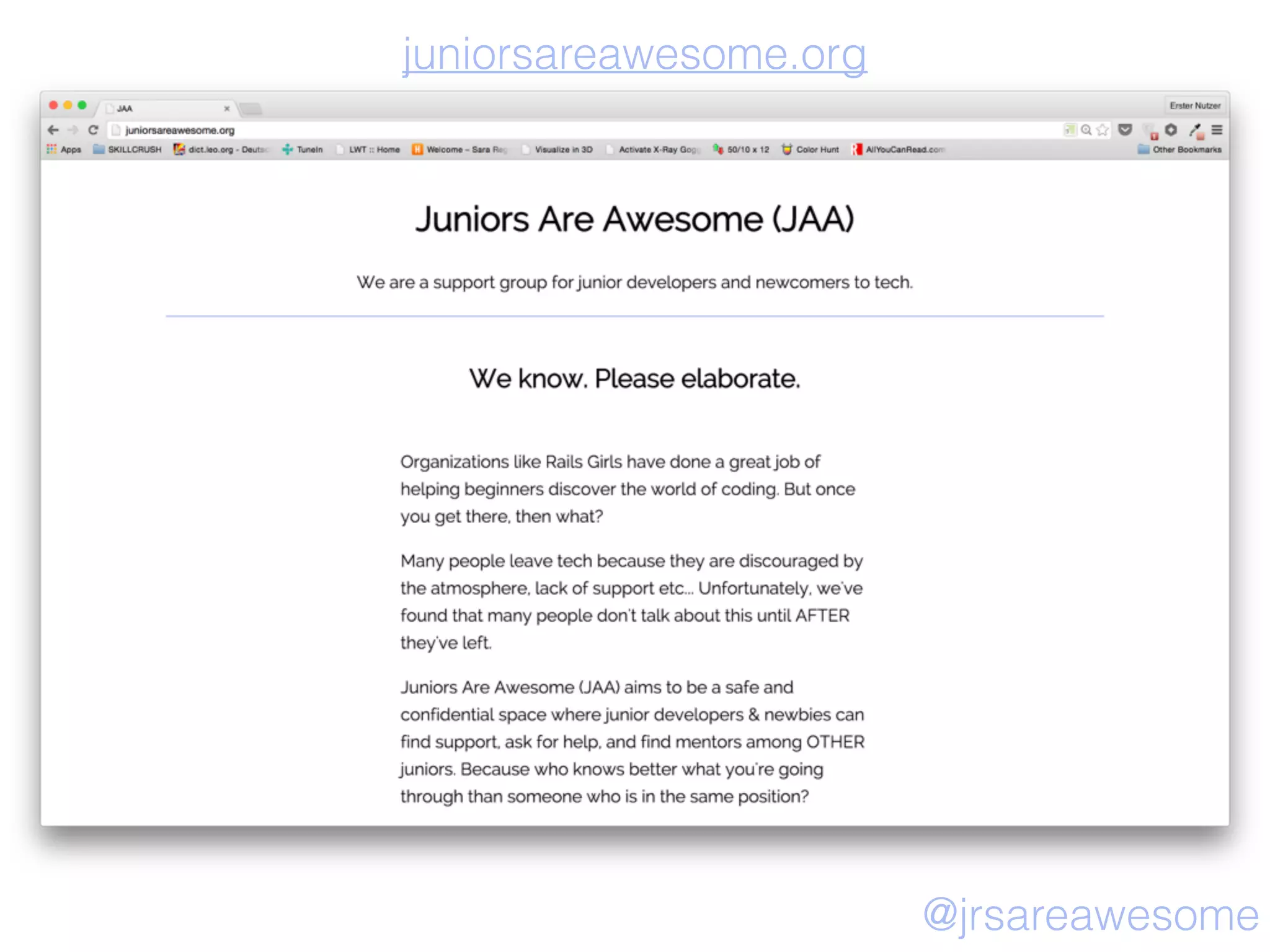 screenshot of JAA
URL
@jrsareawesome
juniorsareawesome.org