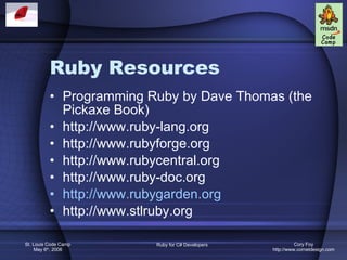 Ruby Resources Programming Ruby by Dave Thomas (the Pickaxe Book) http://www.ruby-lang.org http://www.rubyforge.org http://www.rubycentral.org http://www.ruby-doc.org http://www.rubygarden.org http://www.stlruby.org 