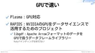 Apache Arrow Powered by Rabbit 2.2.2
GPUで速い
Plasma：GPU対応✓
RAPIDS：NVIDIAのGPUをデータサイエンスで
活用するためのプロジェクト
libgdf：Apache Arrowフォー...
