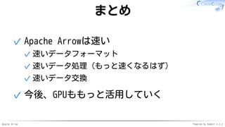 Apache Arrow Powered by Rabbit 2.2.2
まとめ
Apache Arrowは速い
速いデータフォーマット✓
速いデータ処理（もっと速くなるはず）✓
速いデータ交換✓
✓
今後、GPUももっと活用していく✓
 