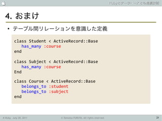                                                                     Rubyとデータベースとの連携技術



 4. おまけ
    ●
        テーブル間リレーションを意識した定義

         class Student < ActiveRecord::Base
             has_many :course
         end

         class Subject < ActiveRecord::Base
             has_many :course
         End

         class Course < ActiveRecord::Base
             belongs_to :student
             belongs_to :subject
         end



K-Ruby, July 28, 2011       © Tamotsu FURUYA, All rights reserved.                   21
 