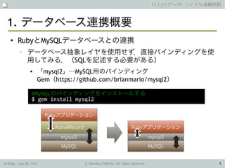                                                                           Rubyとデータベースとの連携技術



 1. データベース連携概要
    ●   RubyとMySQLデータベースとの連携
         –    データベース抽象レイヤを使用せず，直接バインディングを使
              用してみる．（SQLを記述する必要がある）
                   「mysql2」…MySQL用のバインディング
                    Gem（https://github.com/brianmario/mysql2）

                 #MySQLのバインディングをインストールする
                 $ gem install mysql2




K-Ruby, July 28, 2011             © Tamotsu FURUYA, All rights reserved.                   3
 