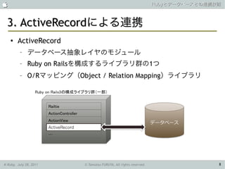                                                                   Rubyとデータベースとの連携技術



 3. ActiveRecordによる連携
    ●   ActiveRecord
         –    データベース抽象レイヤのモジュール
         –    Ruby on Railsを構成するライブラリ群の1つ
         –    O/Rマッピング（Object / Relation Mapping）ライブラリ




K-Ruby, July 28, 2011      © Tamotsu FURUYA, All rights reserved.                   8
 