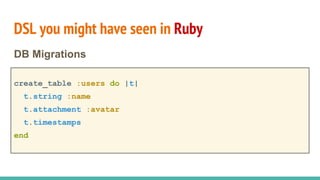 DSL you might have seen in Ruby
create_table :users do |t|
t.string :name
t.attachment :avatar
t.timestamps
end
DB Migrations
 
